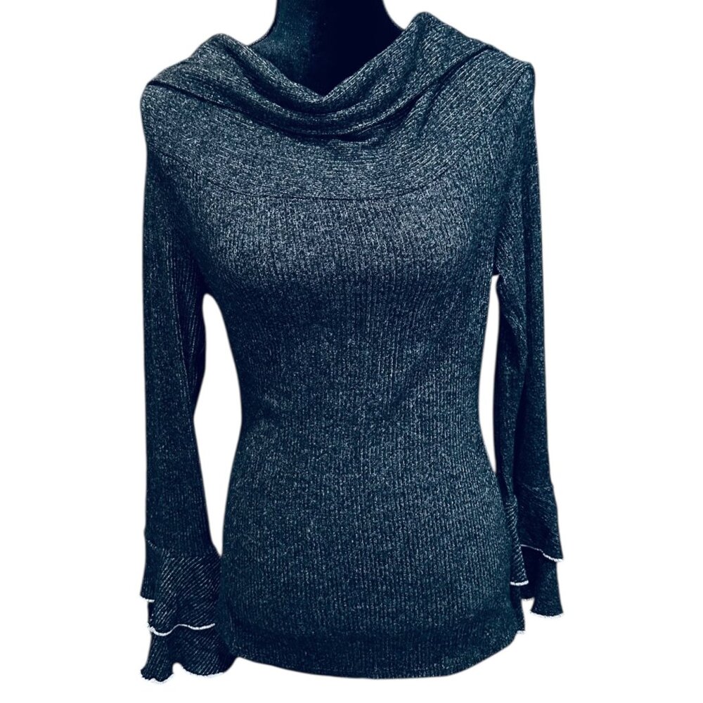 Potter's Pot Sweater Womens Medium Gray Heathered Waterfall Cowl Neck Bell Sleev